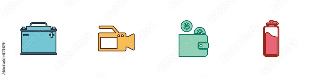 Set Car battery, Cinema camera, Wallet with coin and Sport bottle water icon. Vector Set Car battery, Cinema camera, Wallet with coin and Sport bottle water icon. Vector