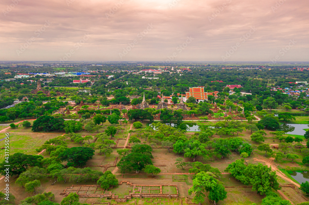 Aerial of Ayutthaya historical park located in Ayutthaya province , Thailand. Ayutthaya Historical Park is a historic site that has been registered as a World Heritage Site.