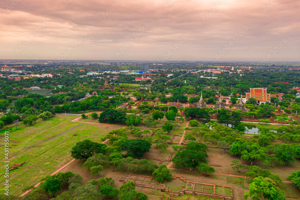 Aerial of Ayutthaya historical park located in Ayutthaya province , Thailand. Ayutthaya Historical Park is a historic site that has been registered as a World Heritage Site.