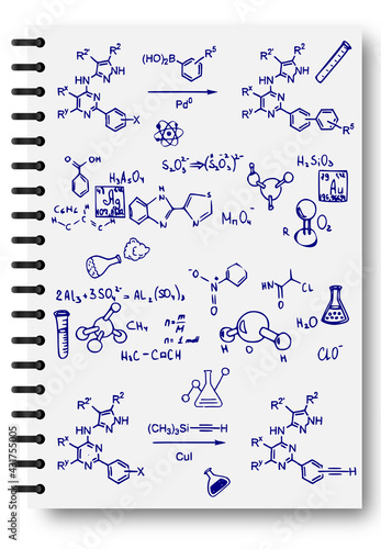 Ink chemistry formulas on a white notebook. Notepad, formulas, shapes, chemistry. The concept of education. The illustrations can be used to return to the school topic, chemistry