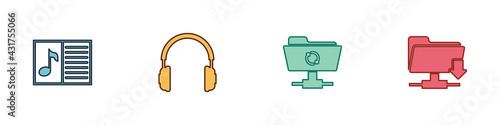 Set Music book with note, Headphones, FTP sync refresh and folder download icon. Vector