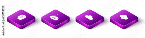 Set Isometric Head with low battery, CO2 emissions in cloud, Music streaming service and icon. Vector