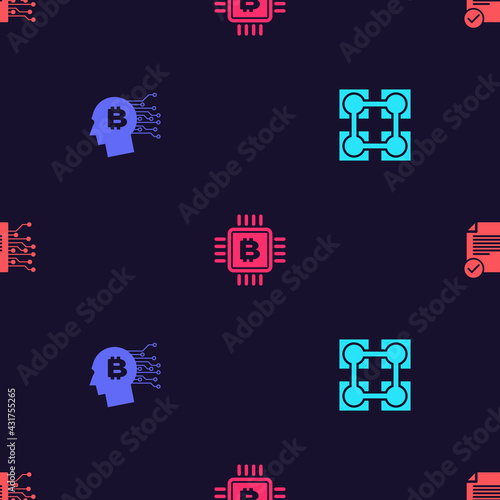 Set Blockchain technology, Bitcoin think, CPU mining farm and Smart contract on seamless pattern. Vector