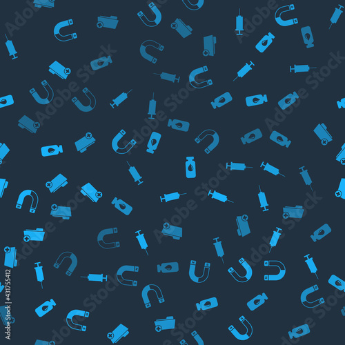 Set Magnet, Syringe, Medical vial, ampoule and Health record folder on seamless pattern. Vector