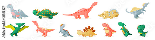 Cute cartoon dinosaur set. Funny dino characters for kids design. Vector illustration isolated on white background.