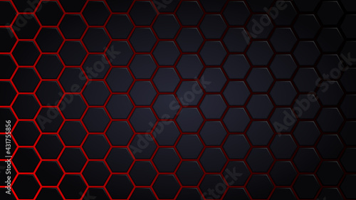 Abstract Futuristic background with hexagons . dark sci-fi hi-tech wallpaper with red lights .