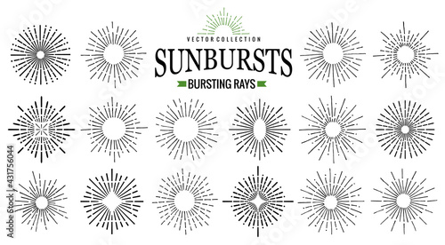 Sunburst icon set. Retro hand drawn sparkle. Geometric sun beams in different forms. Bursting rays design elements. Star shining form of lines