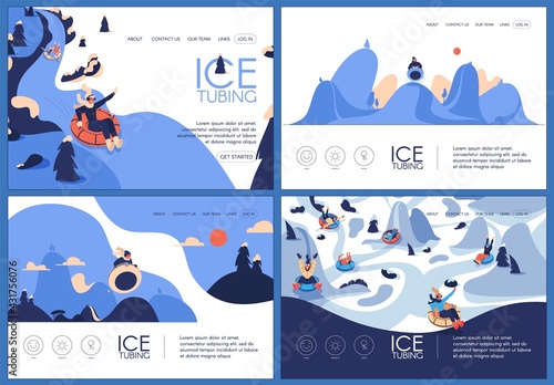 Various landing page templates about ice tubing and winter activities on donut drawn in blue color with happy characters