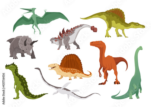 Dinosaurs flat icon collection. Colored isolated prehistoric reptile monsters on white background. Vector cartoon dino animals set including Pteranodon  Triceratops  Allosaurus  Dimetrodon