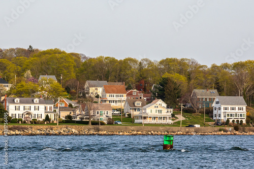 The view of Sakonnet River and a small residential neighborhood in Tiverton, Rhode Island