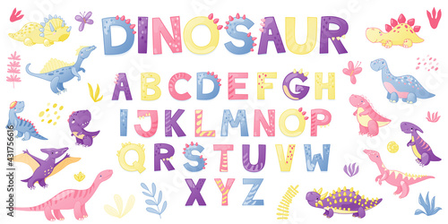 Cartoon cute Dinosaur alphabet. Dino font with letters . Children Vector illustration for t-shirts, cards, posters, birthday party events, paper design, kids and nursery design