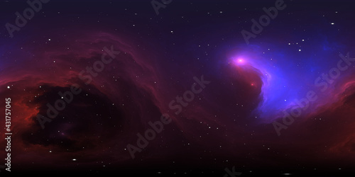 360 degree interstellar cloud of dust and gas. Space background with nebula and stars. Glowing nebula  equirectangular projection  environment map. HDRI spherical panorama