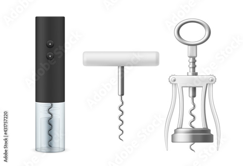 Set of bottle openers colorful vector illustration in realistic style. 3d templates of corkscrew