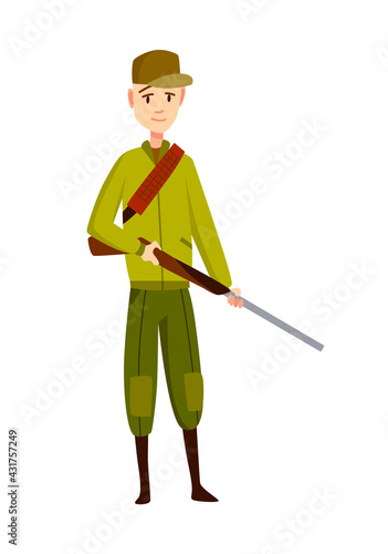 Hunter character with rifle. Man with a gun in camouflage in cartoon style. Human with weapons on hunting