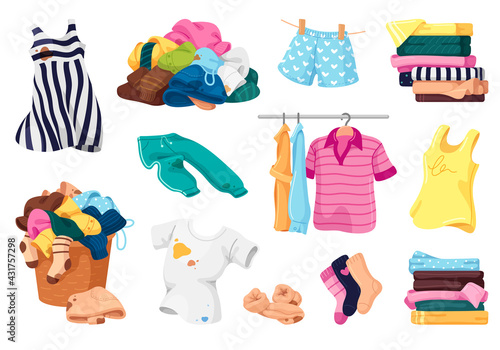 Collection dirty and clean clothes vector flat illustration. Household, laundry service and hygiene