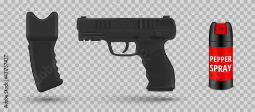 Collection of self defense equipment vector illustration taser or stun gun, pepper spray and pistol photo