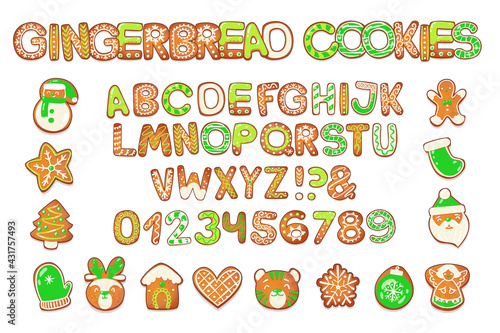 Christmas gingerbread cookies alphabet. Biscuit letters and characters for xmas messages and design. Vector illustration with sugar decorations.