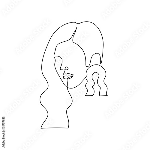 woman with wavy long hair with a large earring in the ear in the form of a wavy arch in the boho (scandi) style - linear drawing of a den head. concept of a logo for a handmade jewelry shop