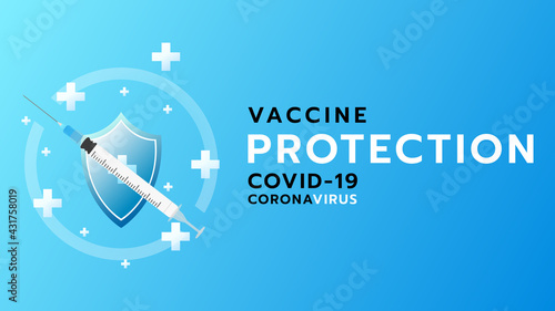 Vaccination concept Health care and protection on blue background , vaccine and syringe injection, treatment to cure Covid 19 Coronavirus  , Vector illustration EPS 10