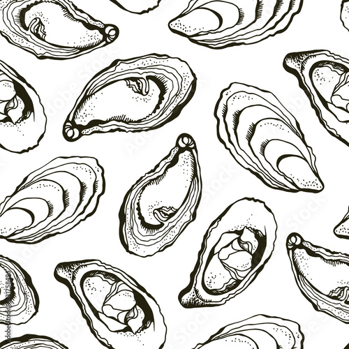 Vector seamless background of hand drawn oysters isolated on a white background