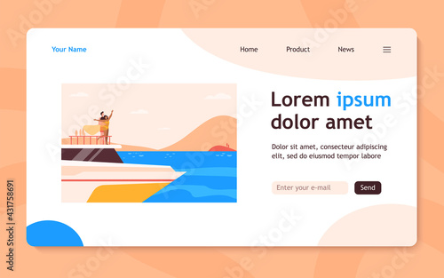 Happy young couple having fun on yacht. Guy and girl on snout of ship, boat or liner. Flat vector illustration. Sailing, vacation, cruise concept for banner, website design or landing web page
