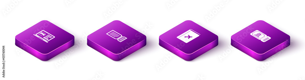 Set Isometric Online car sharing, Ticket, Cover book travel guide and Museum ticket icon. Vector Set Isometric Online car sharing, Ticket, Cover book travel guide and Museum ticket icon. Vector