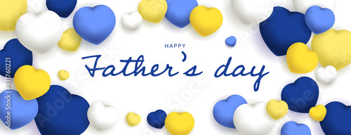 Happy Father’s Day sous forme de carte ou bannière, poster ou flyer, avec des coeurs jaunes, bleus et blancs