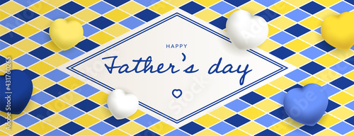 Happy Father’s Day sous forme de carte ou bannière, poster ou flyer, avec des losanges et coeurs jaunes, bleus et blancs
