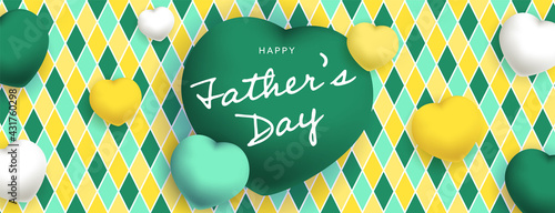 Happy Father’s Day sous forme de carte ou bannière, poster ou flyer, avec des losanges et coeurs jaunes, vert et blancs
