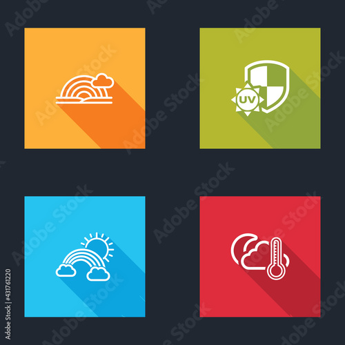 Set Rainbow with cloud, UV protection, clouds and sun and Thermometer moon icon. Vector