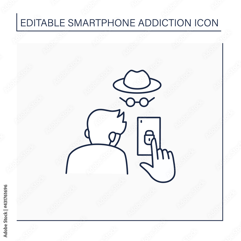 Smartphone addiction line icon. Concealing smartphone use. Incognito mode. Anonymous. Private setting. Overwhelmed concept. Isolated vector illustration. Editable stroke
