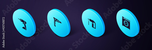 Set Isometric Washer, Rotary hammer drill machine, Electric and cordless screwdriver icon. Vector