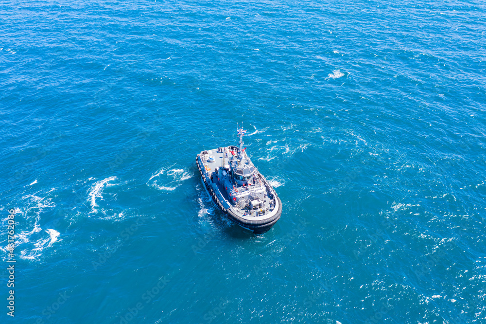 Aerial view of tug boat in the ocean, Thailand.