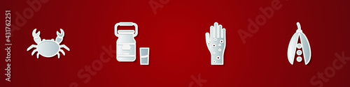 Set Crab, Can container for milk, Hand with psoriasis eczema and Kidney beans icon. Vector