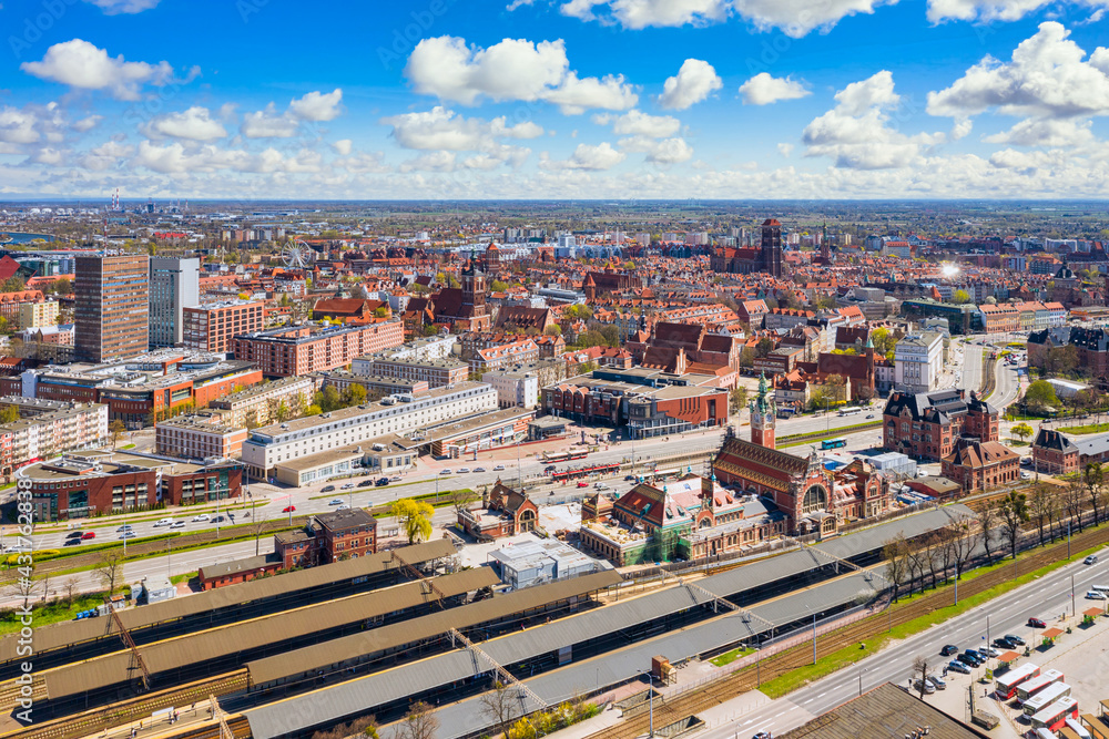 Aerial view of Gdansk city with the main train station. Poland