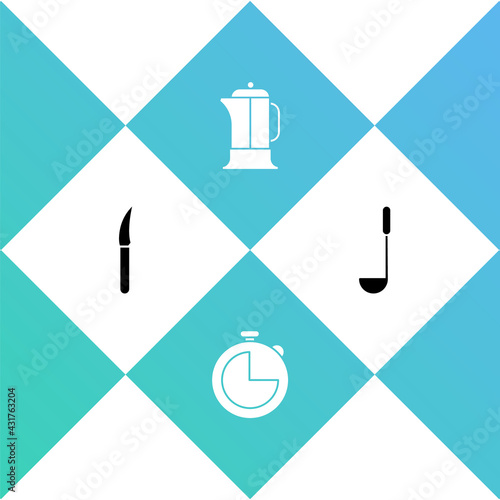 Set Knife, Kitchen timer, French press and ladle icon. Vector