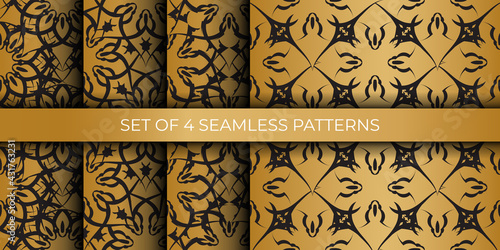 Set of Black seamless pattern with gold ornaments. Vector illustration.