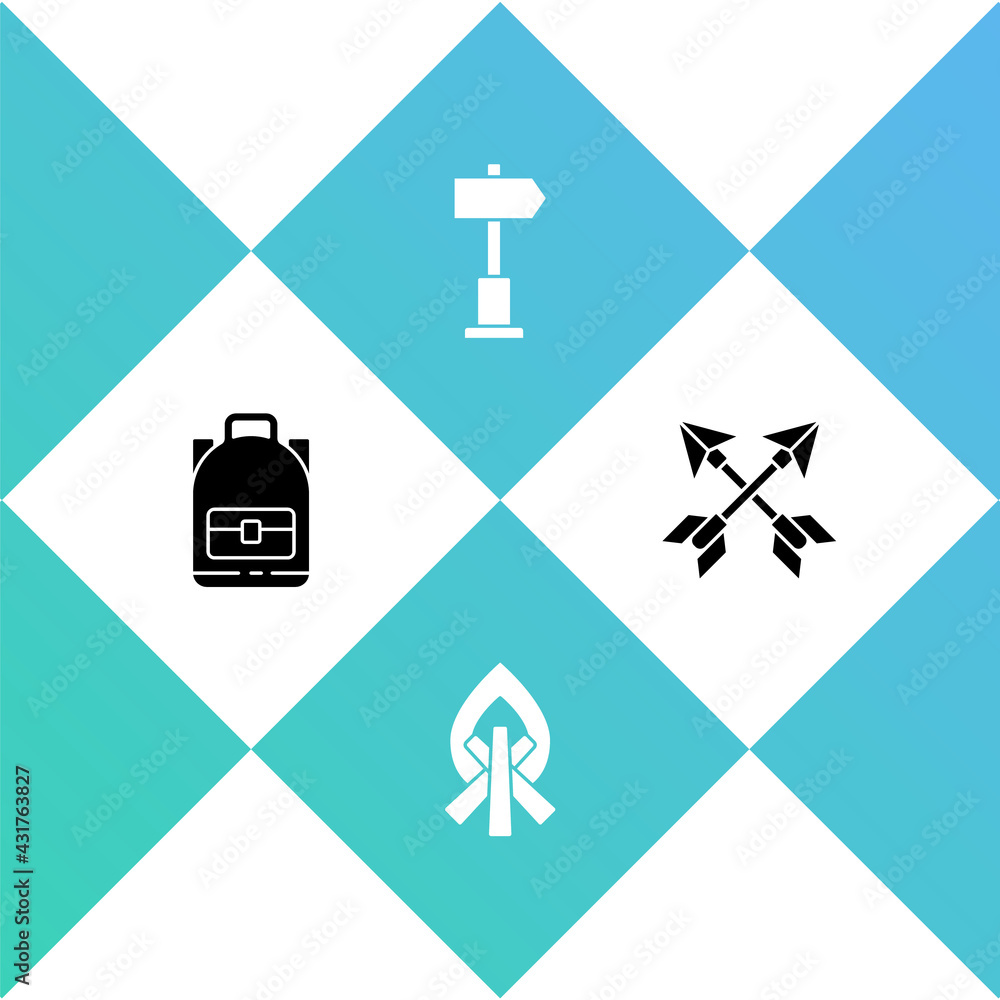 Set Hiking backpack, Campfire, Road traffic signpost and Crossed arrows icon. Vector