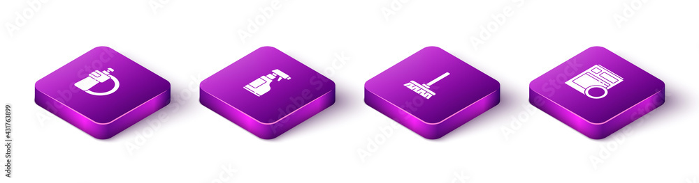 Set Isometric Dishwashing liquid bottle and plate, Spray with detergent, Handle broom and Kitchen dishwasher machine icon. Vector Set Isometric Dishwashing liquid bottle and plate, Spray with detergent, Handle broom and Kitchen dishwasher machine icon. Vector