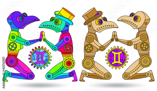 Illustration in the style of a stained glass window with a set of zodiac signs gemini, figures isolated on a white background