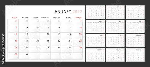 Wall quarterly calendar template for 2022 in a classic minimalist style. Week starts on Sunday. Ready to print