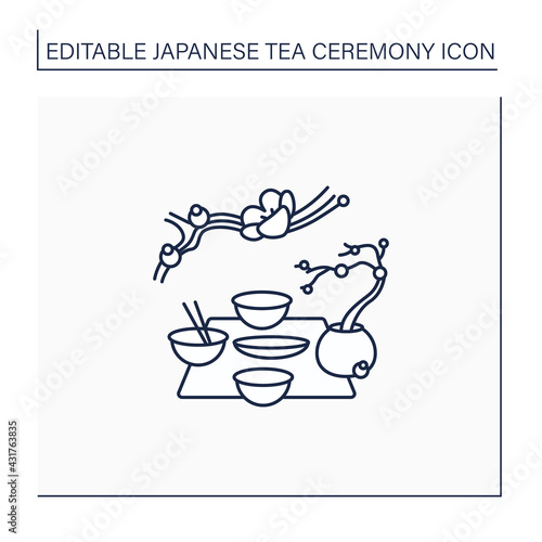 Kaiseki line icon. Traditional multi-course Japanese dinner. Ancient Japanese ceremony. Different ware, bonsai trees. Sakura twig. Tea ceremony concept.Isolated vector illustration.Editable stroke