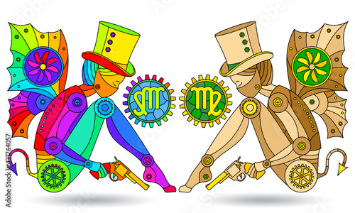 Illustration in the style of a stained glass window with a set of zodiac signs Virgo, figures isolated on a white background