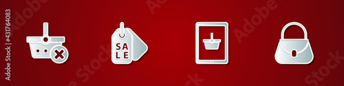 Set Remove shopping basket, Price tag with Sale, Shopping on tablet and Handbag icon. Vector