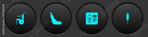Set Wheelchair for disabled person, Inhaler, X-ray shots and Syringe icon. Vector