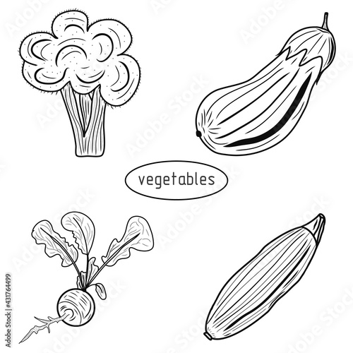 Set of vegetables icons. Creative illustrations. Black sketch. Idea for decors, logo, patterns, papers, covers, gifts, damask, summer and autumn holidays, organic food themes. Isolated vector art.