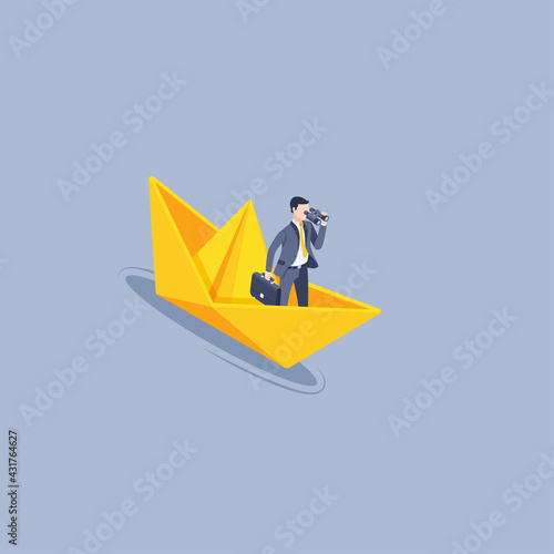 isometric vector illustration on a gray background, a man in a business suit floats in a yellow paper boat and looks through binoculars, business prospects and the path to success