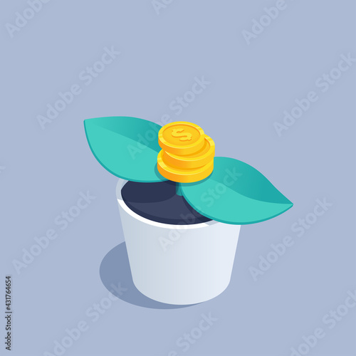 isometric vector illustration on gray background, money sprout, flowerpot with green leaves and gold coins with dollar icon, financial growth and prosperity
