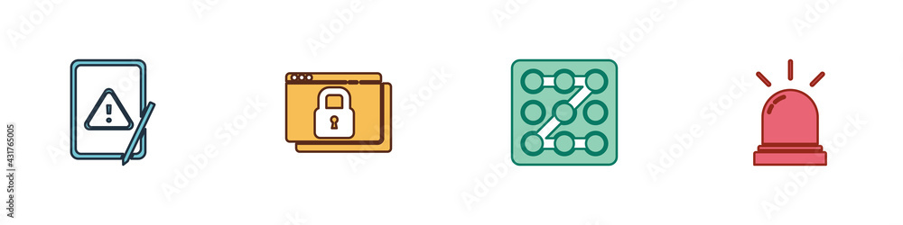 Set Tablet with exclamation mark, Secure your site HTTPS, SSL, Graphic password protection and Motion sensor icon. Vector Set Tablet with exclamation mark, Secure your site HTTPS, SSL, Graphic password protection and Motion sensor icon. Vector