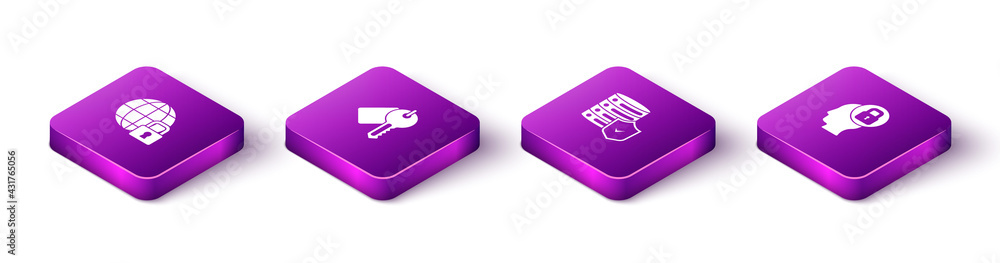Set Isometric Global lockdown, Marked key, Server with shield and Human head icon. Vector Set Isometric Global lockdown, Marked key, Server with shield and Human head icon. Vector
